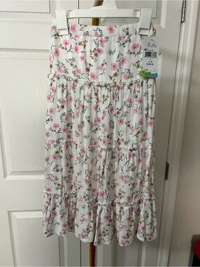 Colorful Planet White Floral Tiered Midi Skirt with Pink Blooms